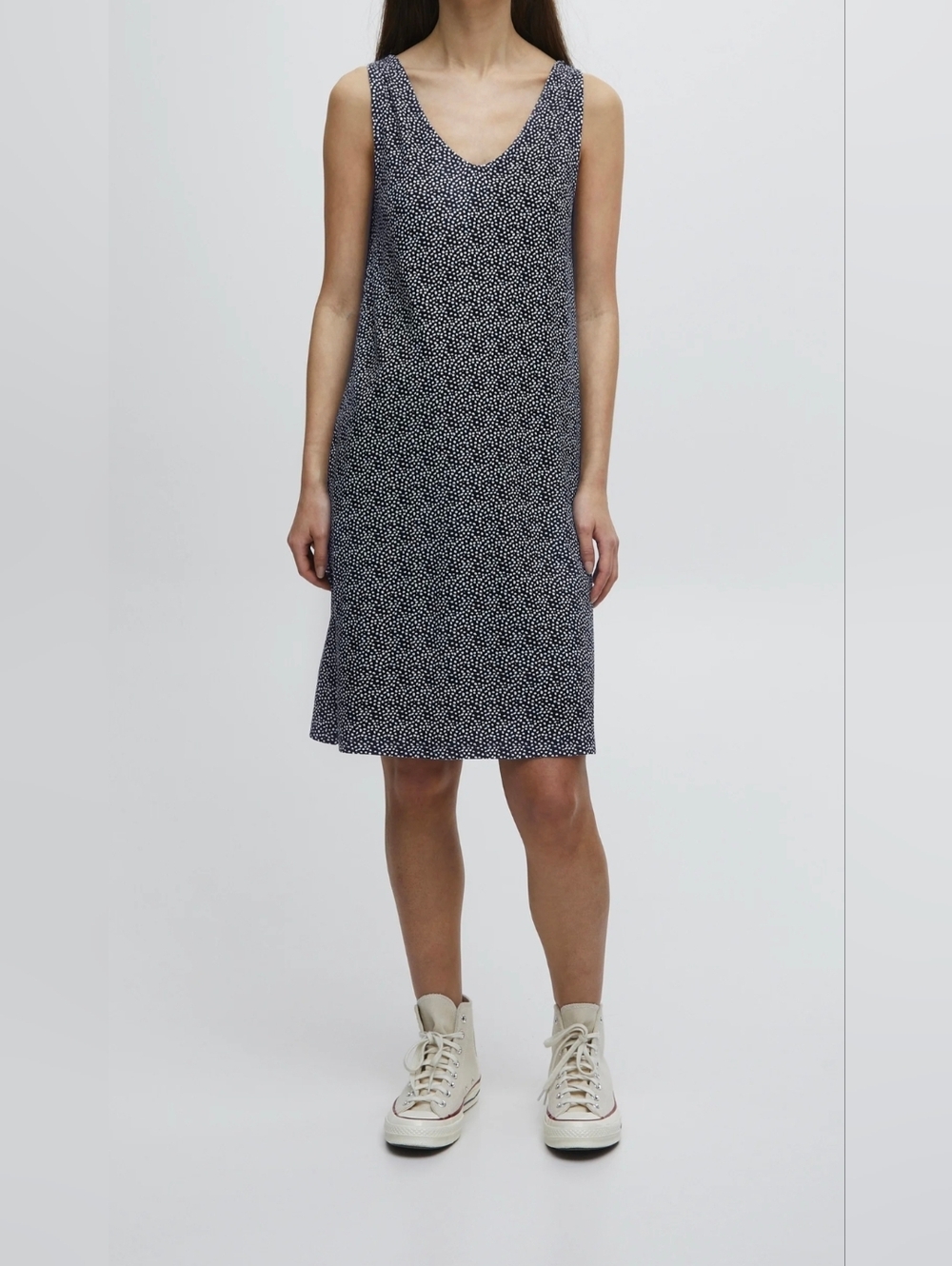 ICHI Sleeveless V-Neck Polka Dot Slip Jersey Dress